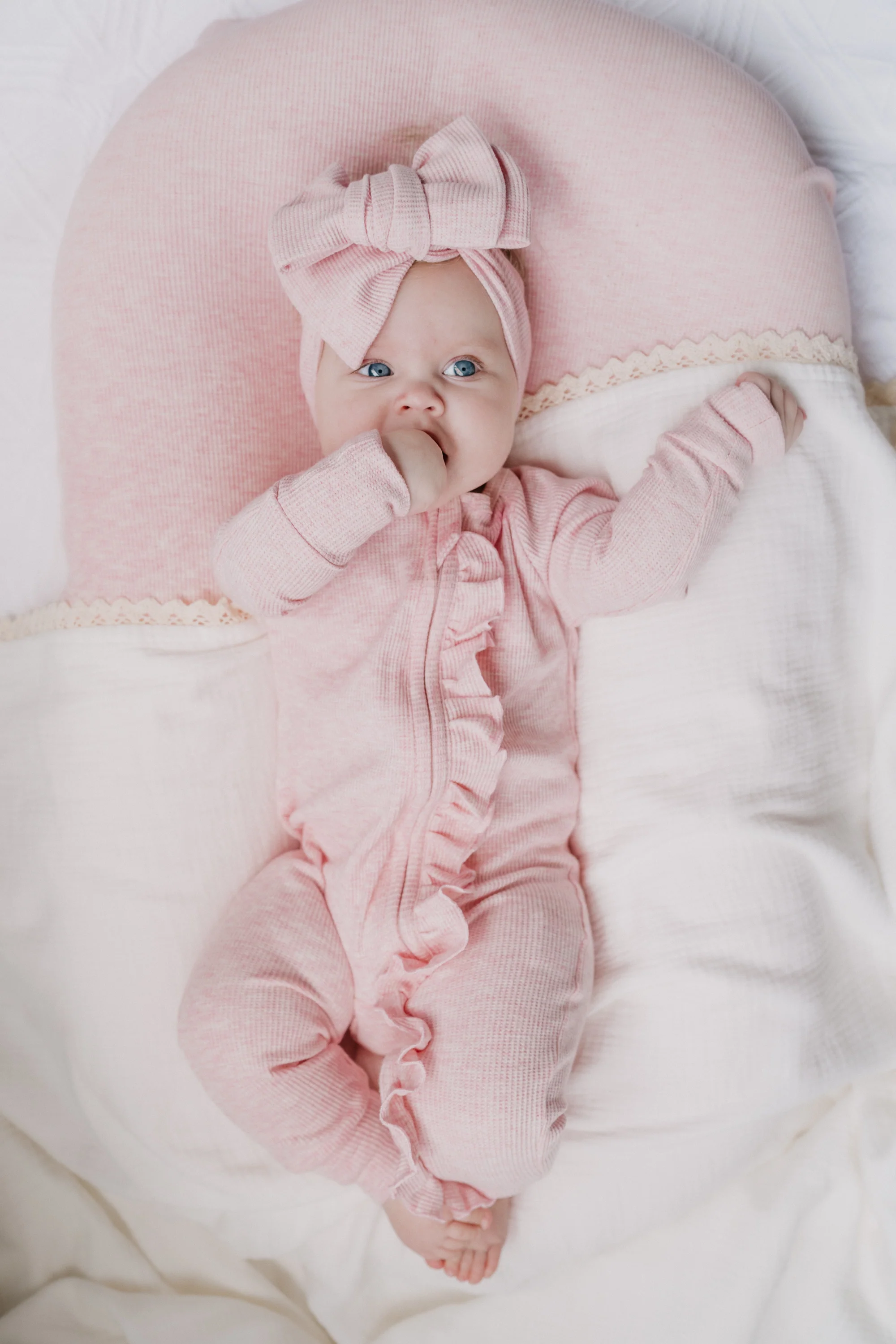 Frill Zip Romper | Baby Pink Marle Waffle - Image 3
