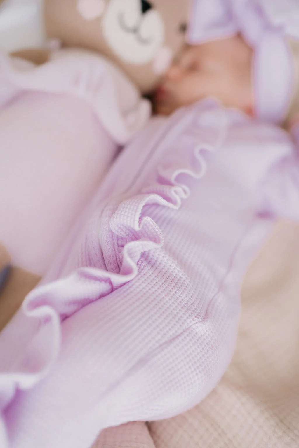 Frill Zip Romper | Pastel Lilac Waffle - Image 3