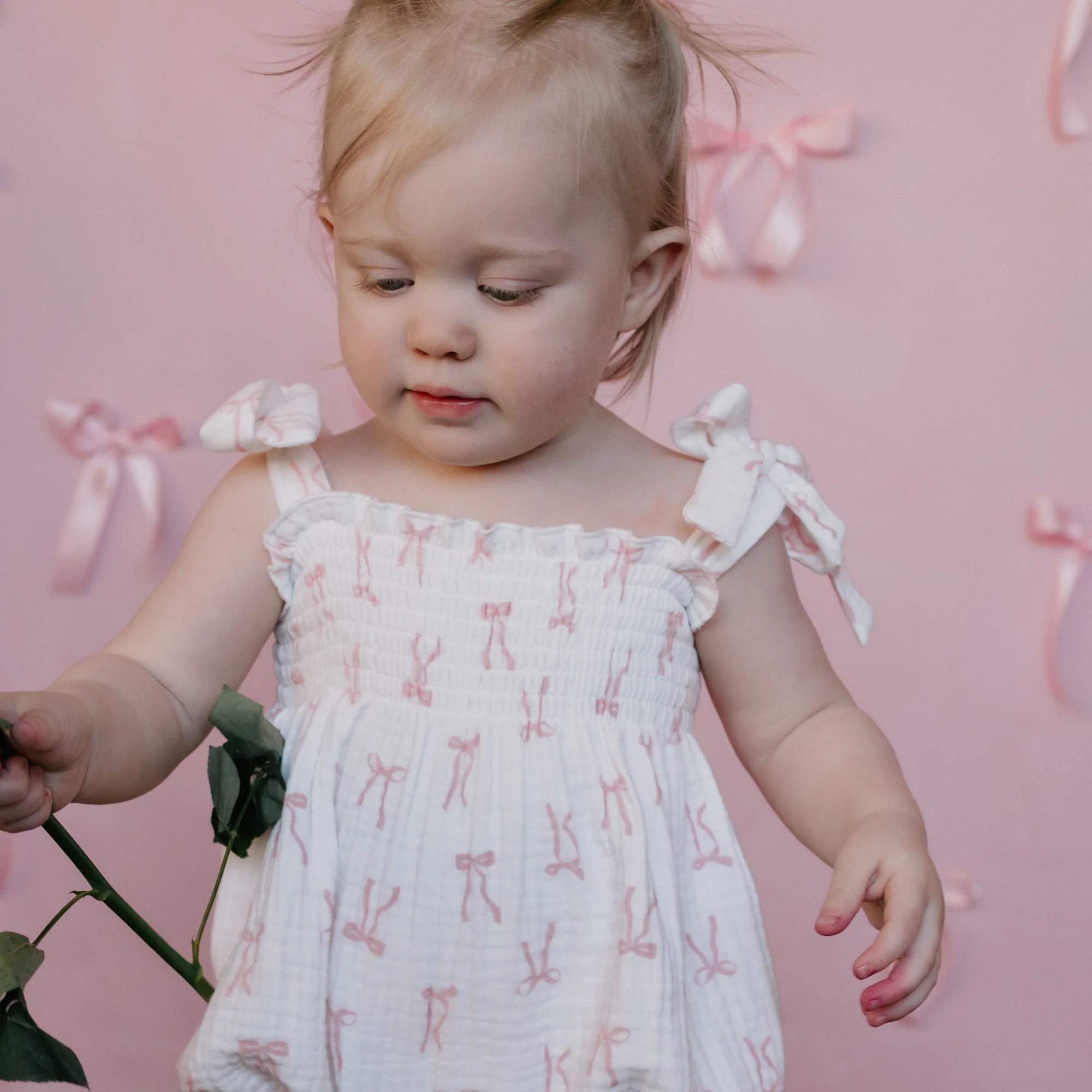 Tie Muslin Romper | Pink Bows - Image 6