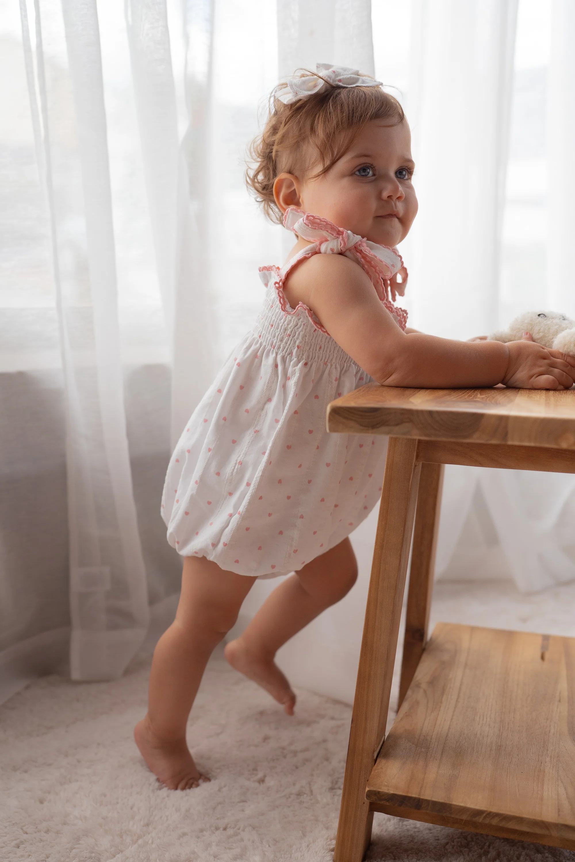 Tie Bubble Romper | Pink Hearts Cotton - Image 3