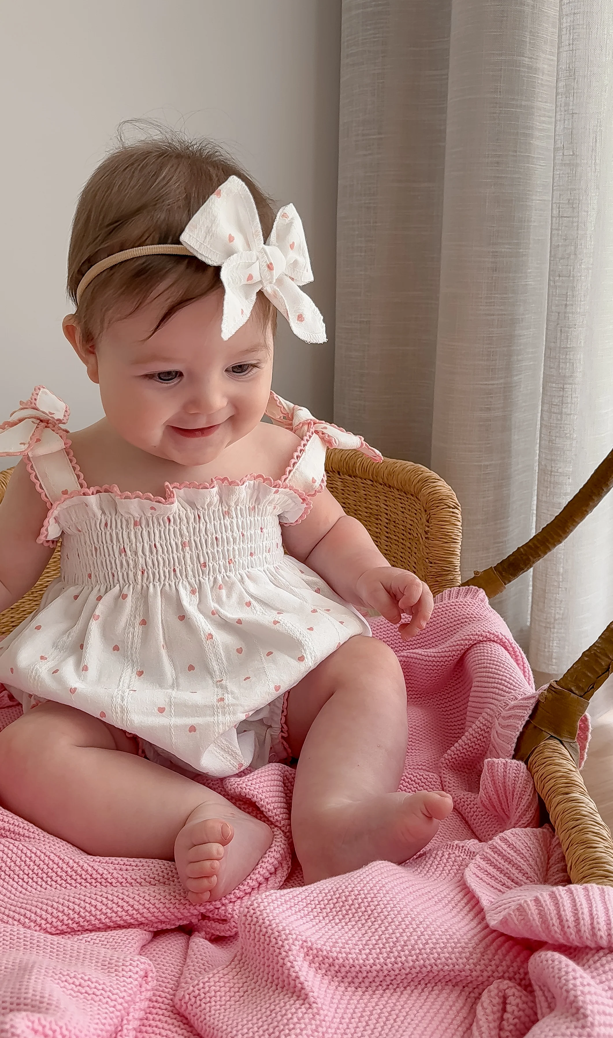 Tie Bubble Romper | Pink Hearts Cotton - Image 6